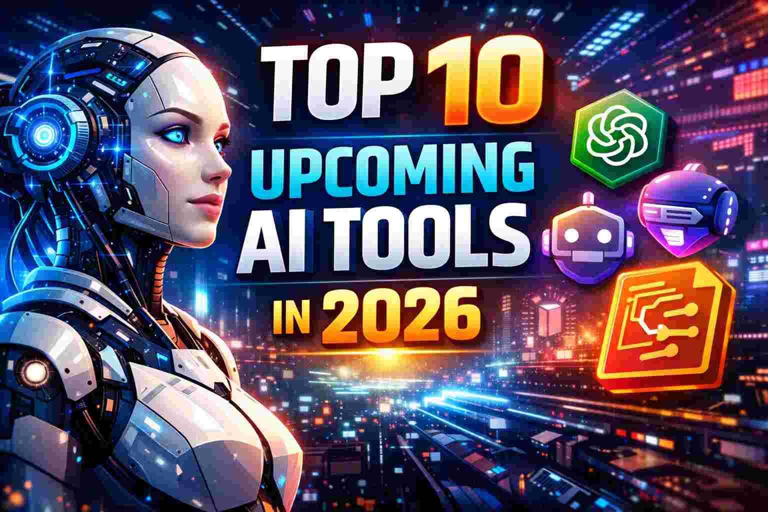Top 10 upcoming AI tools in 2026 featuring futuristic artificial intelligence, advanced robots, and next-generation automation technology.