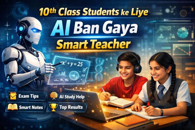 AI smart teacher ke saath 10th class students laptop par padhai karte hue digital classroom mein
