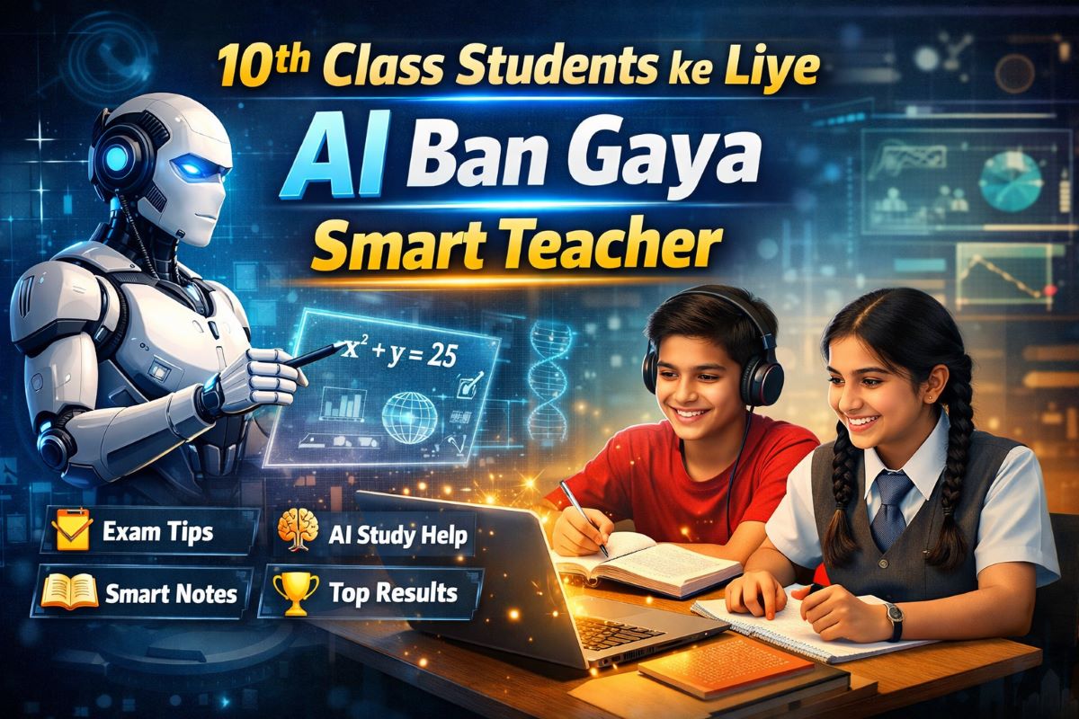 AI smart teacher ke saath 10th class students laptop par padhai karte hue digital classroom mein